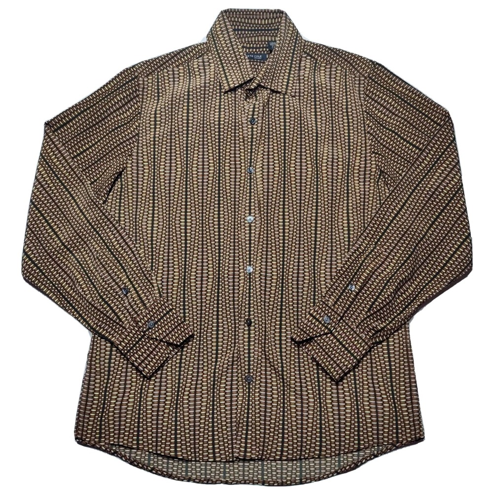 KENNETH COLE Men Medium Basket Weave Print Polyester Button-Up‎ Shirt EUC